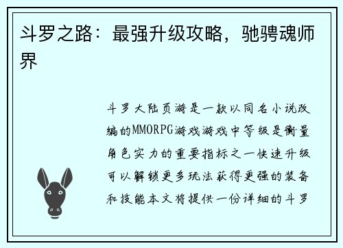 斗罗之路：最强升级攻略，驰骋魂师界